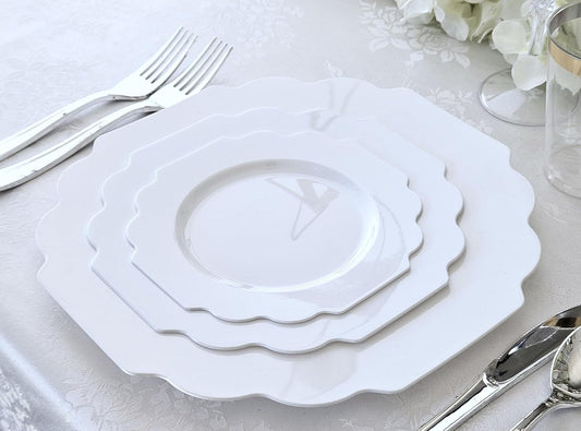 " OCCASIONS " 50 Plates Pack (25 Guests)-Heavyweight Wedding Party Disposable Plastic Plate Set -(25x10.5'' Dinner + 25x8'' Salad/Dessert) (Imperial in White)