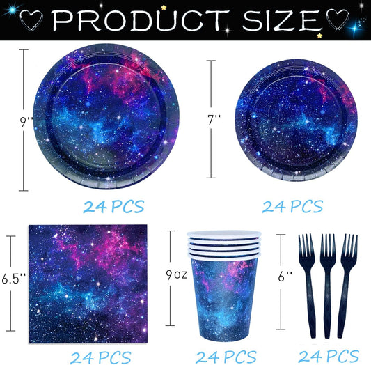 Space Galaxy Party Supplies Tableware Set Outer Space Theme Birthday Party Decoration Starry Night Solar System Planet Plates Napkins Forks Cups for 24 Guests