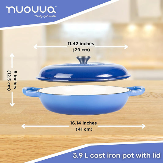Cast Iron Dutch Oven with Lid – Non Stick Shallow Dutch Oven Pot, Oven Safe up to 500° F – Sturdy Cooking Pot – Enamelled Stockpot Cookware – Dark Blue, 3.7-Quart, 30cm – by Nuovva