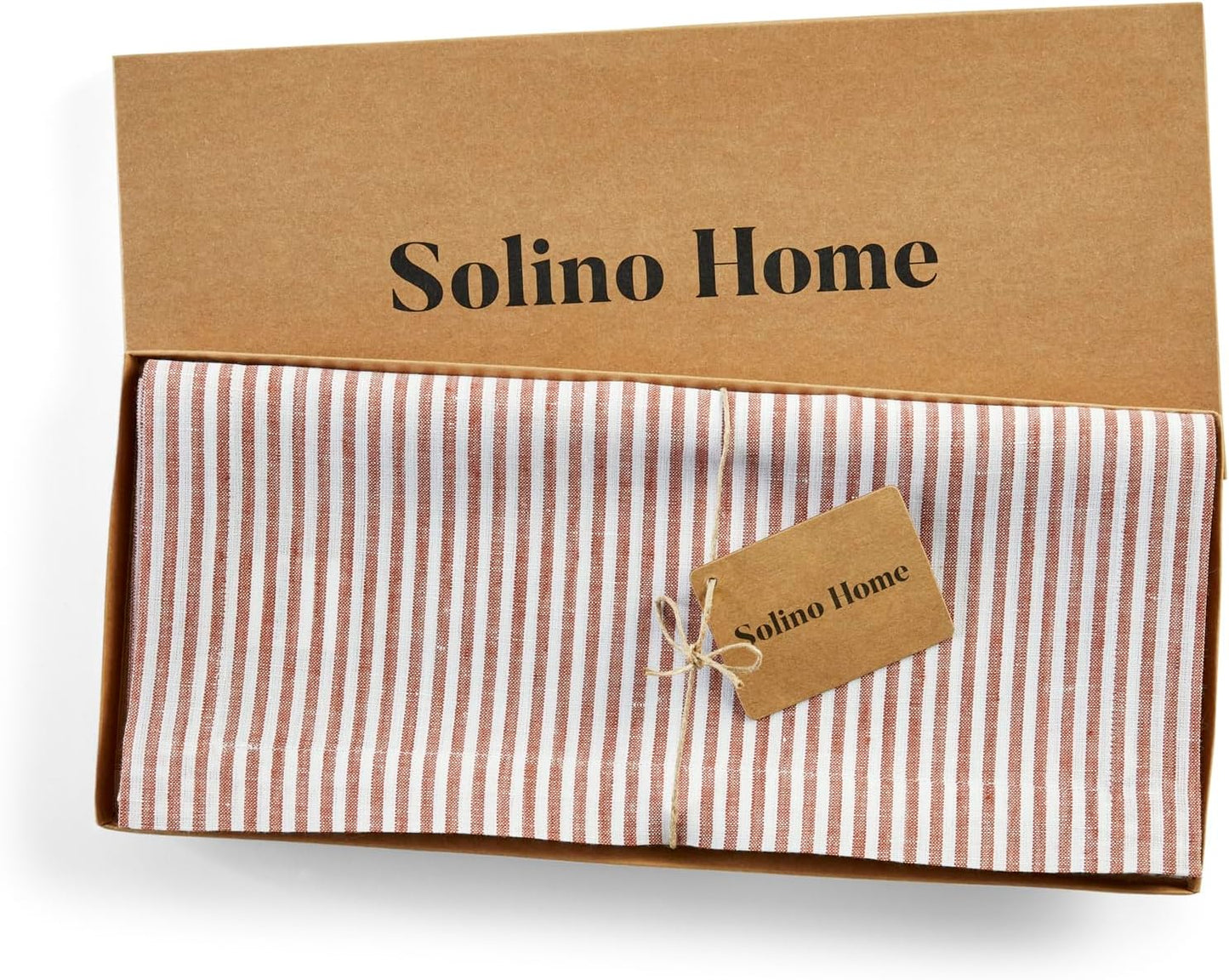Solino Home Linen Table Runner 108 Inches Long - Narrow Stripe, 100% Pure Linen Cinnamon and White Table Runner 14 x 108 Inch for Dining, Fall, Autumn, Halloween, Thanksgiving