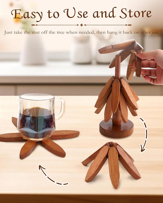 Walnut Tree-Shaped Placemats, Foldable Heat Resistant Anti-Stain Wood Trivet for Hot Dishes Pans, All-in-1 Set, 3PCS Easy-Cleaning Walnut Wood + Stand Coasters