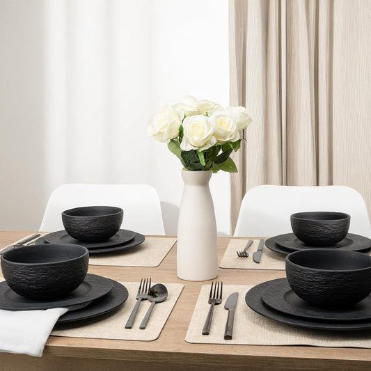 MIAMIO - 16-pc Dinnerware Set Black/Modern Ceramic Tableware/Dinnerware/Set for 4 Persons - Oasis Collection