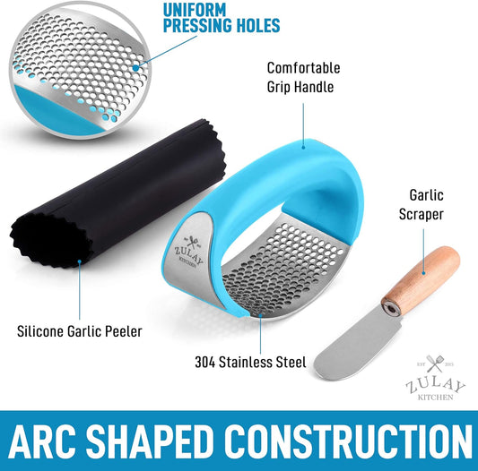 Zulay Kitchen Stainless Steel Garlic Press Rocker Set - Premium Garlic Mincer Garlic Crusher - New Innovative Garlic Crusher with Peeler and Scraper - Comfortable Grip (Blue)