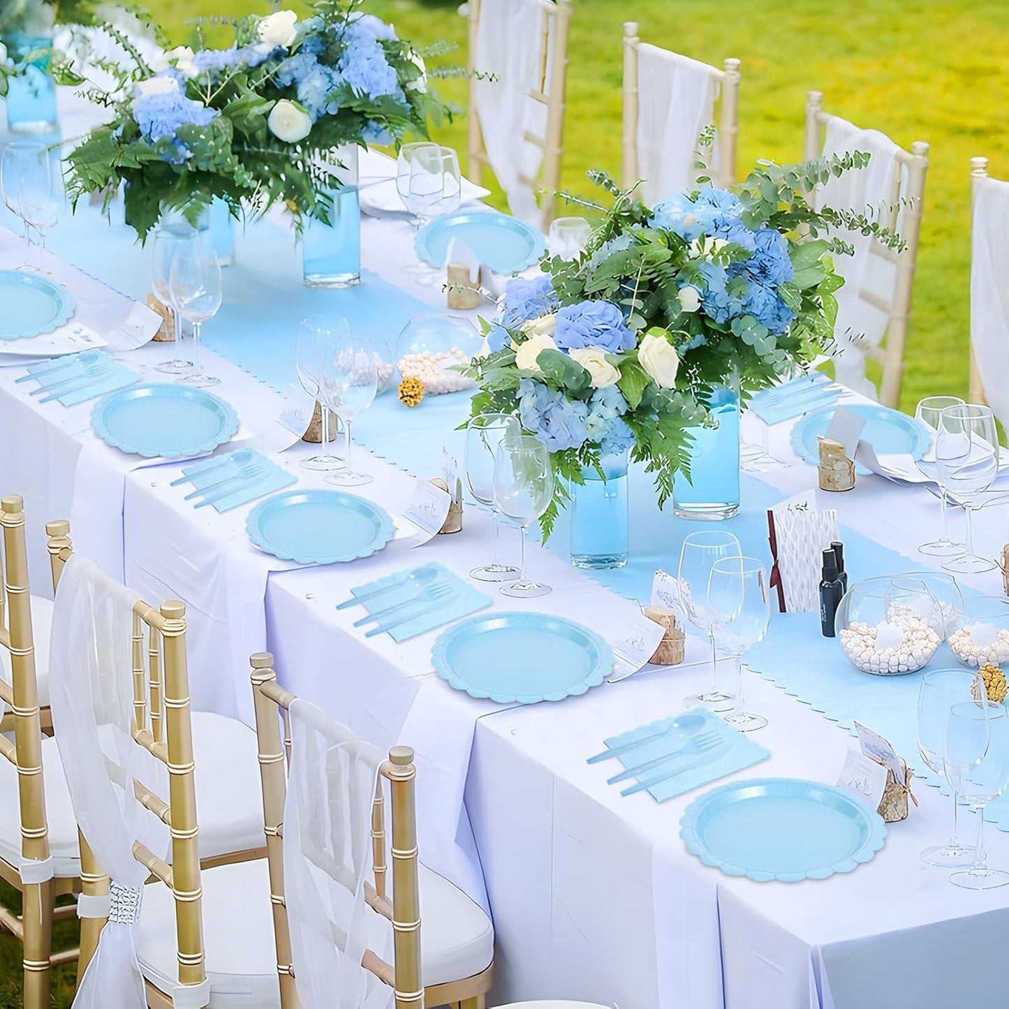 350 Pcs Light Blue Paper Plates and Napkins, Blue Party Supplies Include Light Blue Scalloped Plates Napkins Cups Plastic Spoons Forks Knives for Baby Shower,Wedding,Birthday