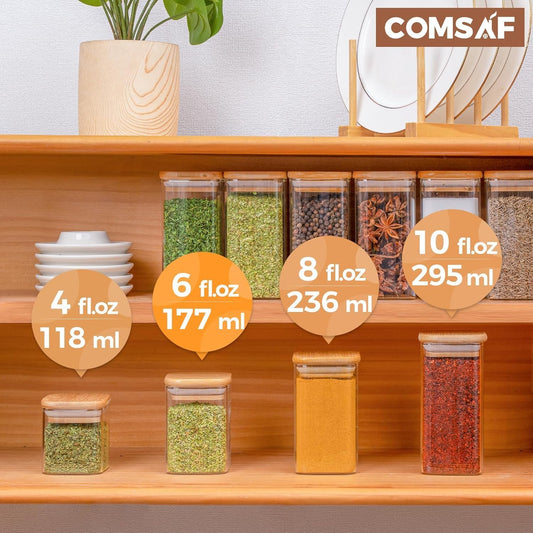 ComSaf 6Pcs 6 oz Spice Jars with Label Trial Set, Glass Spice Jars with Bamboo Lids Supplementary Set, Seasoning Container Trial Pack, Perfect for Ktichen Starter