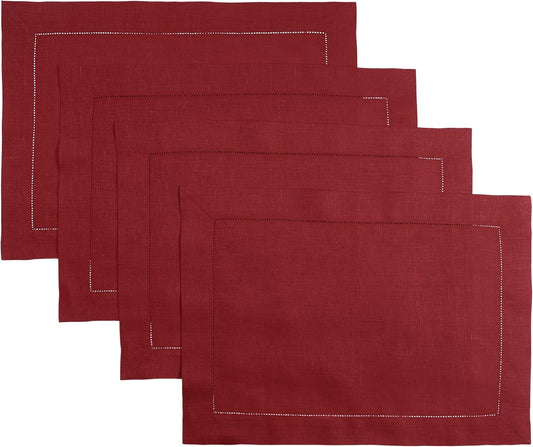 D'Moksha Homes Red Linen Placemats Set of 4 - Classic Hemstitch Placemats 14 x 19 Inch - 100% Pure Linen Table Mats for Fall, Autumn and Halloween - Handcrafted and Machine Washable