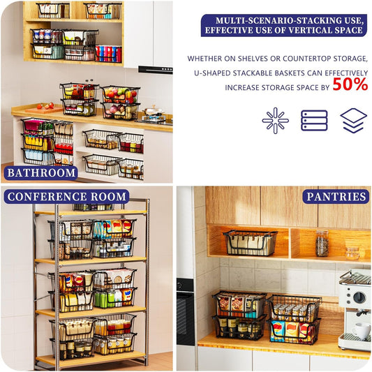 Enhanced Leak-Proof Bottom Stackable Wire Baskets, 4 Pack Pantry Organizers and Storage, pantry storage,Shelf Baskets, Fruit Basket, Potato and Onion Storage Bins,(Black)