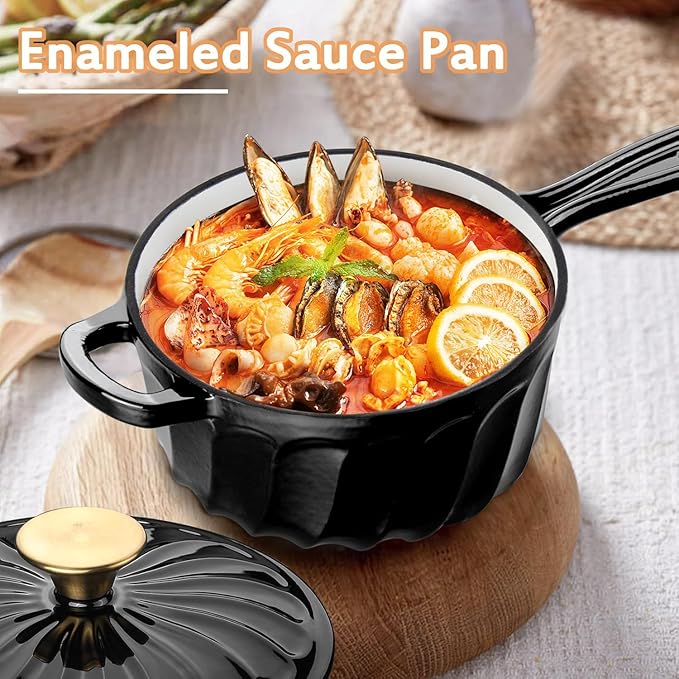 Enameled Cast Iron Sauce Pan, 2 Quart Enameled Saucepan with Lid, Mini Dutch Oven Enamel Saucepan for Cooking Pasta Sauce, Gravy, Puddings, Marinate, Boiling (Black)
