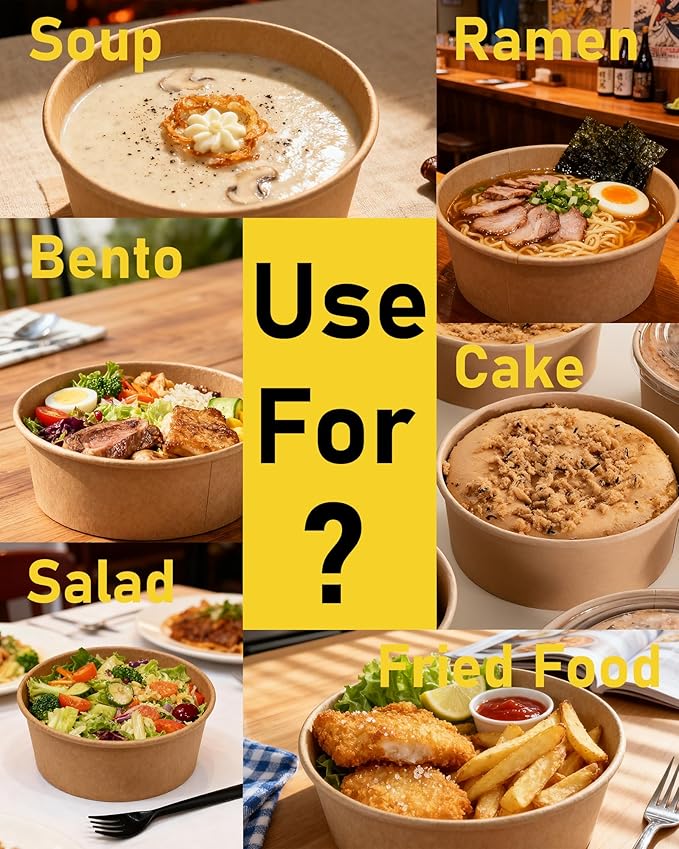 50Pack Disposable Kraft Paper Bowls 【with Lids & Forks】 36oz (1100ml) Round Food Containers Heavy Duty Serving Bowls for Hot/Cold Food Salads Take Out Containers for Household & Restaurant & Party