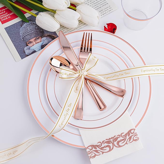 N9R 300PCS Rose Gold Plastic Silverware, Heavy Duty Plastic Cutlery Set, Disposable Rose Gold Utensils Include 100 Forks, 100 Spoons, 100 Knives, Perfect for Party Decorations