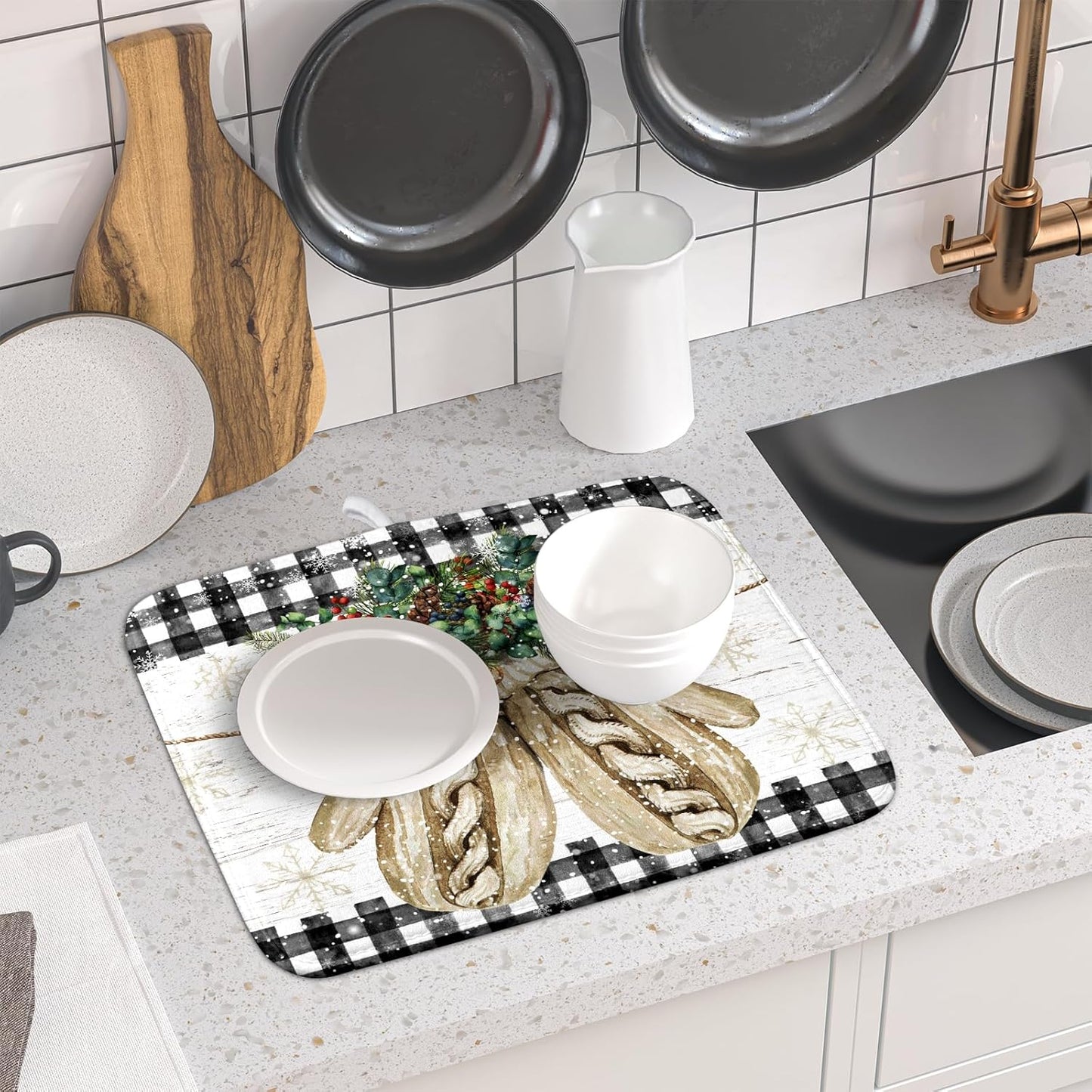 Christmas Dish Drying Mat for Counter 16'' X 18'', Black Buffalo Plaid Snowflake Gloves Dish Drainer Mats Medium Absorbent Fast Dry Microfiber Rack Pads Kitchen Accessories