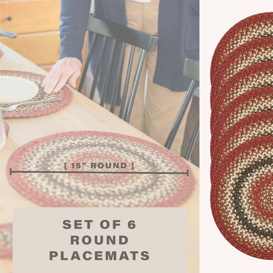 Chester Jute Woven Round Placemats Set of 6, 15", Warm Lodge and Cabin Decor, Red Table Mats - Vibrant Colors, Durable, Easy to Clean and Protects Furniture