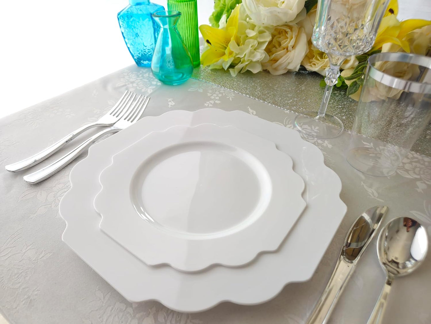 " OCCASIONS " 240 Plates Pack (120 Guests) Heavyweight Wedding Party Disposable Plastic Plates Set -120 x 10.5'' Dinner + 120 x 8'' Salad/Dessert Plate (Imperial White)