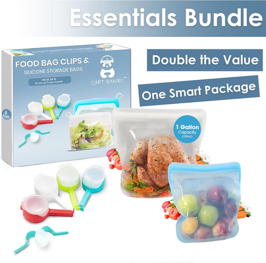 Silicone Food Storage Bags & Bag Clips with Pour Spout - Pack of 6 - Reusable, BPA-Free, Leak Proof Zip Bags – Freezer, Microwave & Dishwasher Safe – Airtight Food Storage & Sealing Clips for Snacks