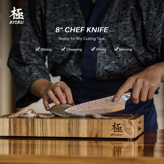 KYOKU Chef Knife - 8"- Shogun Series Japanese VG10 Steel Core Hammered Damascus Blade Kitchen Knife - with Sheath & Case