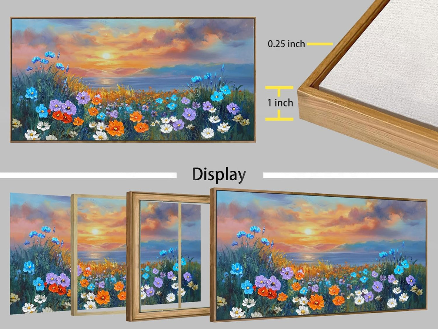 Ardemy Wildflower Wall Art for Living Room Large Framed Floral Canvas Pictures Bedroom Wall Decor Sunset Paintings Flower Textured Artwork for Walls Dining Room Home Office 48"x24"