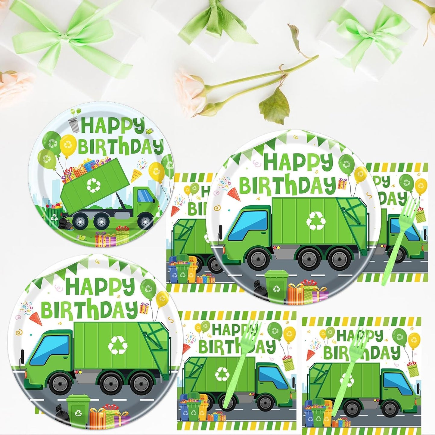 Rakuto Trash Truck Birthday Tableware Supplies Decorations, 96PCS Garbage Truck Birthday Party Plates and Napkins Forks Decor, Disposable Paper Dinnerware Set Supplies Serves 24