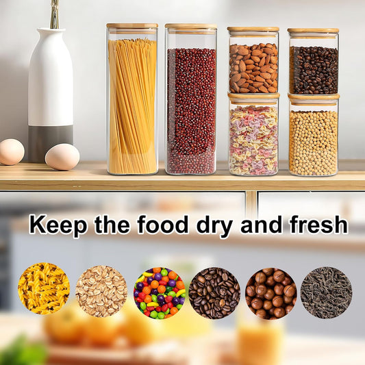 Glass Food Storage Jars Set of 3 with Bamboo Lid Airtight Glass Storage Canister, Cylindrical Kitchen Clear Food Storage Container Jar, for Pasta, Coffee, Cookies, Nuts, Cereal, Oats, Flour