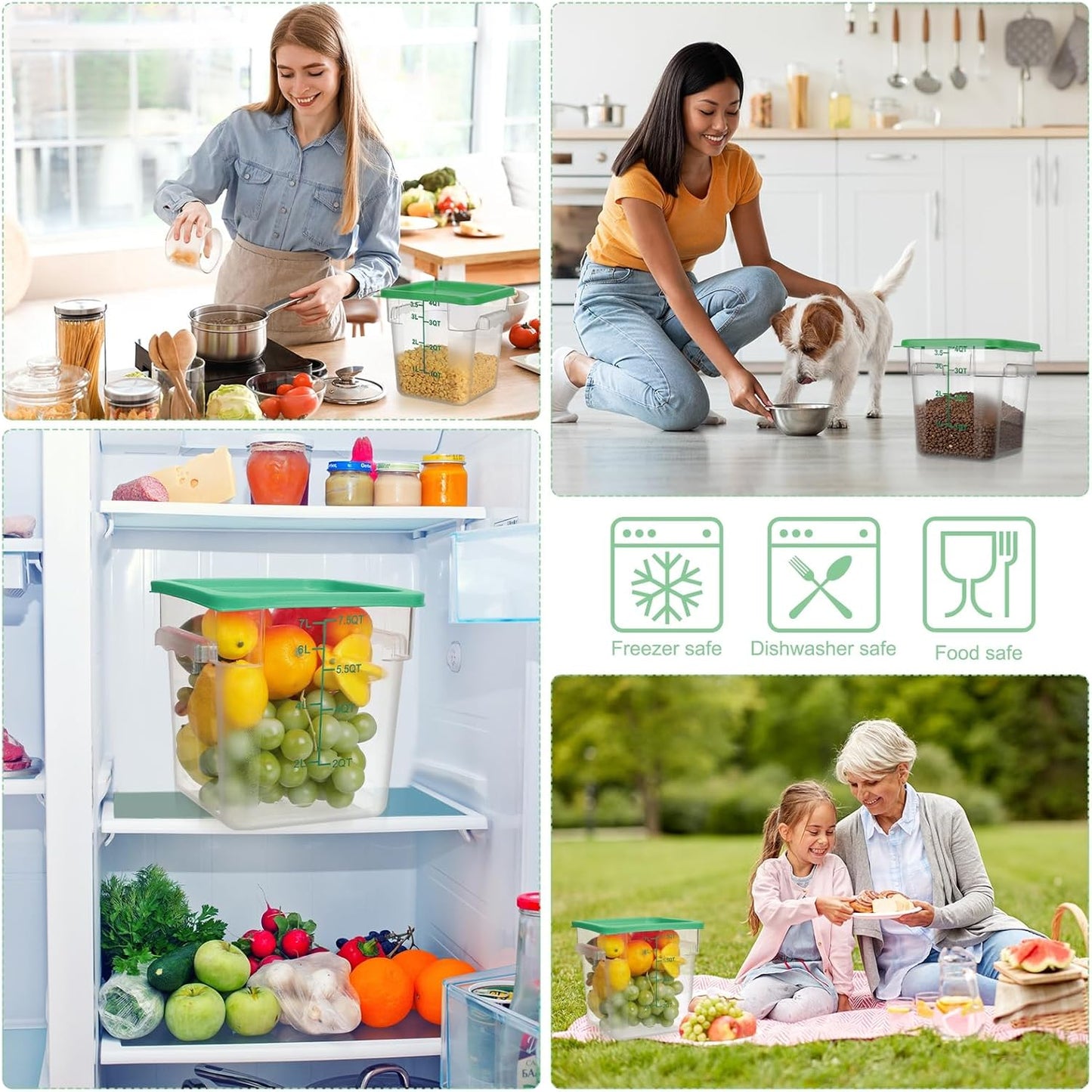 Lallisa 4 Pcs 8 Qt and 4 Qt Clear Food Storage Containers with Lids, Handles and Scales, Commercial Grade Square Containers Polycarbonate Air Tight for Home Storage Kitchen Restaurant(Green)