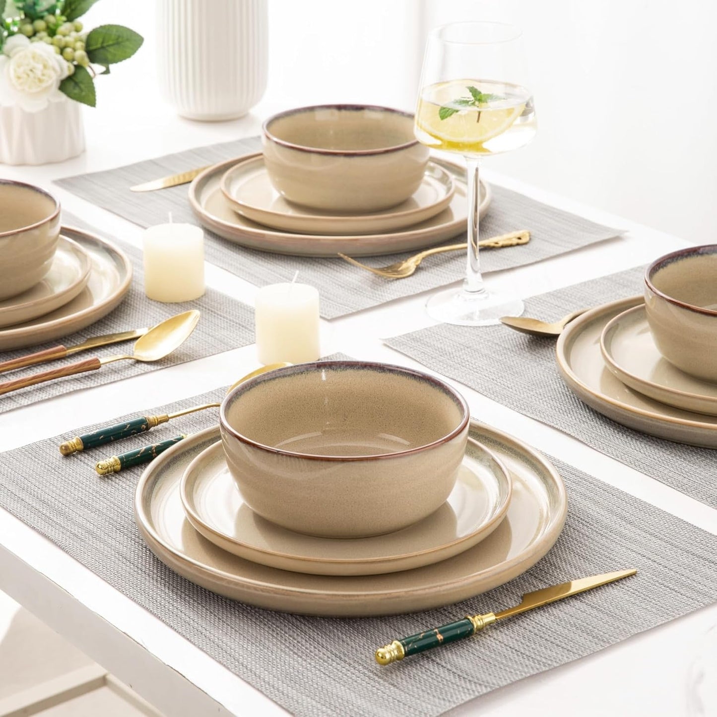 AmorArc Stoneware Dinnerware Sets,Round Reactive Ceramic Plates and Bowls Set,Highly Scratch Resistant | Dishwasher & Microwave Safe Dishes,Service for 4 (12pc)