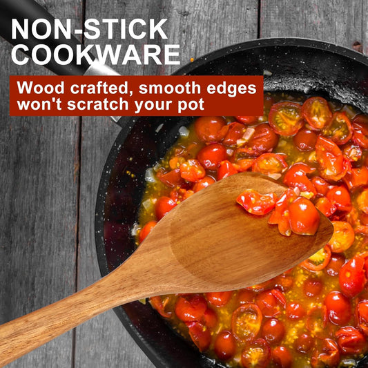Large Wooden Spoons for Cooking Spatula Non Toxic Teak Kitchen Utensil Best Acacia Wood Cooking Spoon for Mixing Serving Non Stick Bamboo Kitchen Utensils Big Corner Stirring Spoon Long Handle Spatula