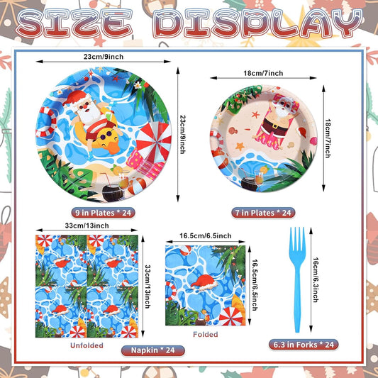 96 Pieces Christmas July Disposable Tableware Set - Tropical Beach Santa Party Supplies with Paper Plates, Napkins, Forks for Holiday Celebrations, Hawaiian Summer Christmas, and Pool Party Decor