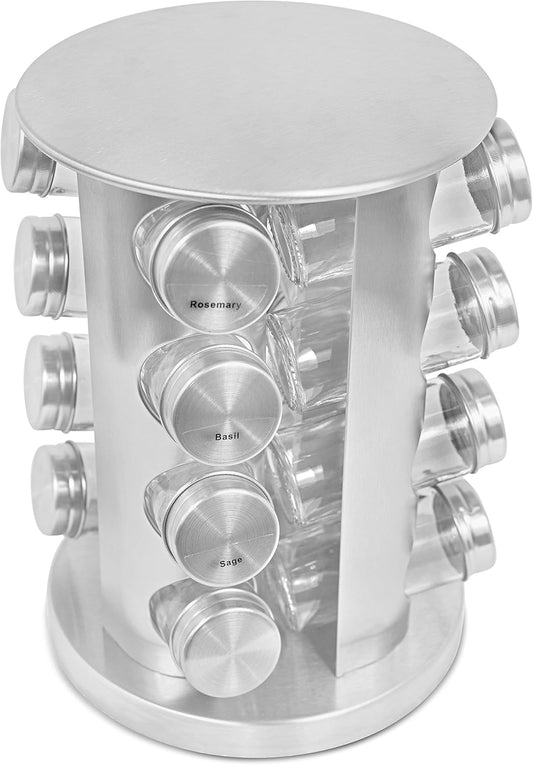 Internet's Best Revolving Spice Tower | Round Spice Rack | Set of 16 Spice Jars | Seasoning Storage Organization | Stainless Steel