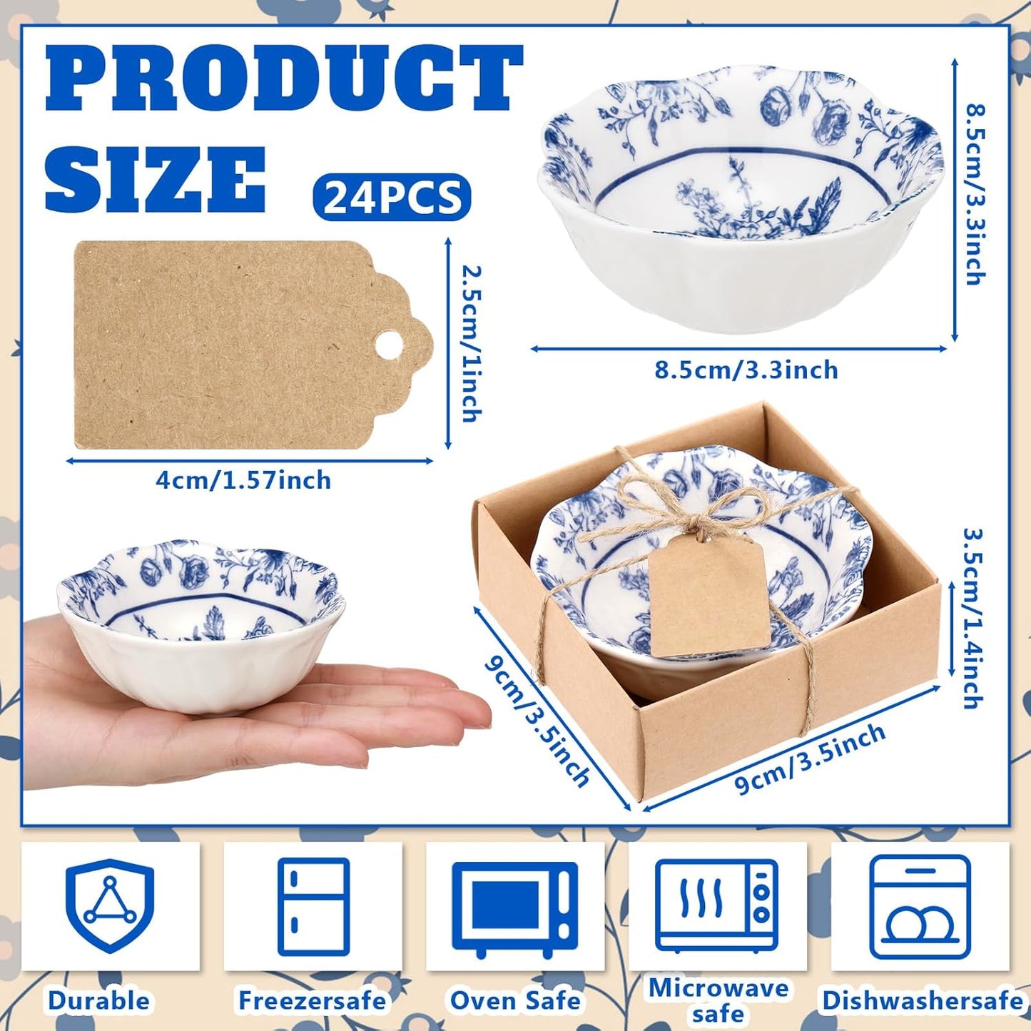 12 Pcs Wedding Favors for Guests Small Ceramic Bowl Bulk Gifts Set 3.3 Inch Floral Design Mini Dipping Bowl Sauce Dish with Cards Box for Bridal Baby Shower Birthday Guest Gift (Blue)