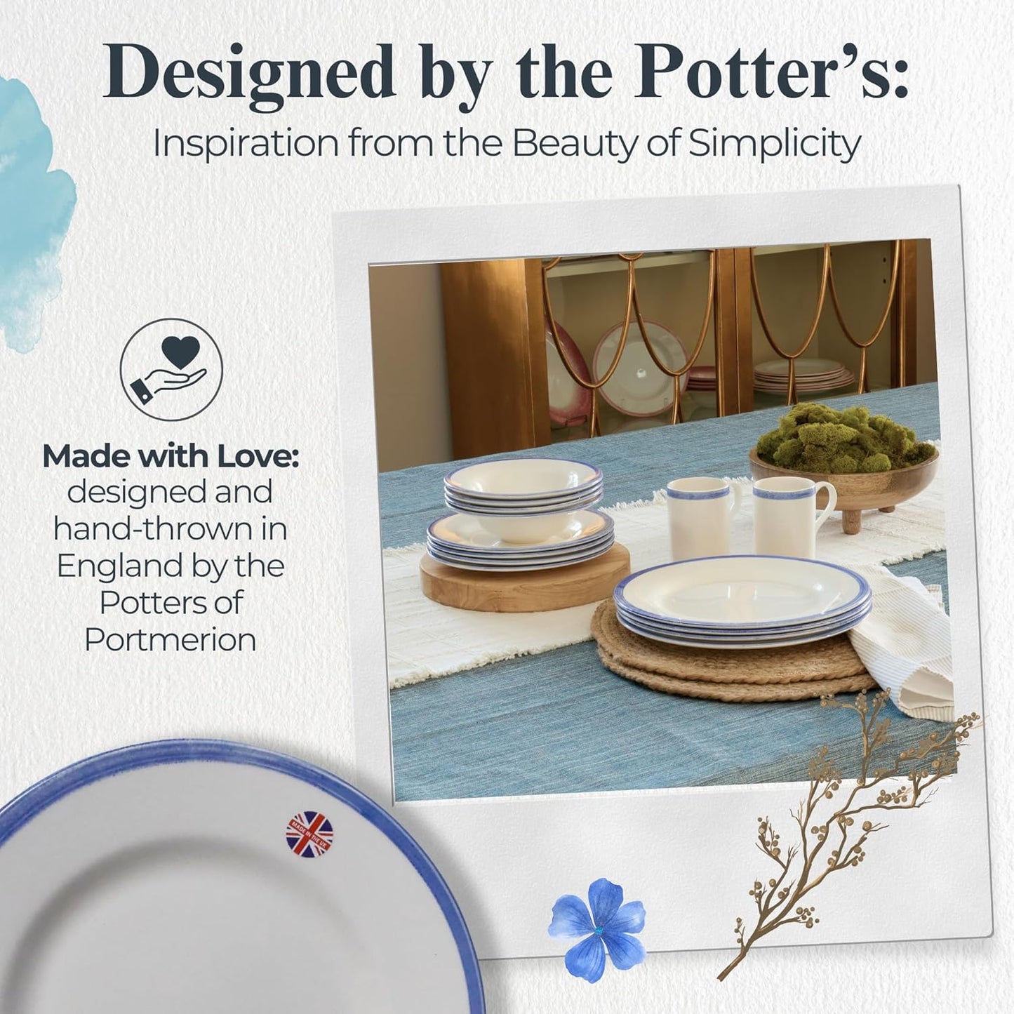 Portmeirion Potter's Brushstroke Dinner Plate (Set of 4) - 10.5" Earthenware Plates with Classic Brushstroke Rim - Microwave, Dishwasher, Freezer, Oven Safe - Ideal Modern Dinnerware Set (Blue)