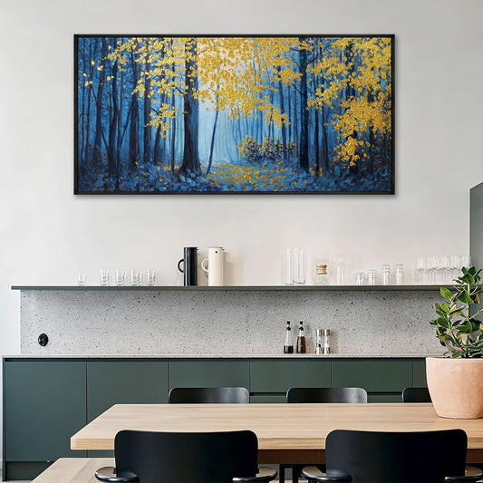 KLAKLA Blue and Gold Tree Wall Art - Birch Tree Forest Painting Pictures Framed Artwork for Living Room Bedroom Office Canvas Print Art Gorgeous Landscape Wall Art Home Decoration - 48x24 Inches