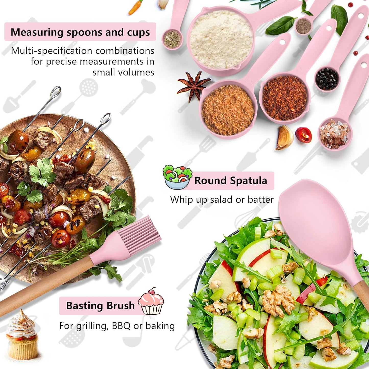 HaWare Kitchen Cooking Utensils Set, 23-Piece Silicone Kitchen Utensils Spatula Set with Holder, Heat Resistant Wooden Handle Kitchen Gadget for Nonstick Cookware, Food-grade Turner Spoon Sets (Pink)