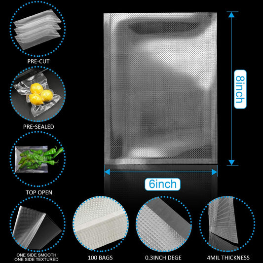 CANLENPK 15x20CM/6x8Inch Vacuum Sealer Bags, Food Storage Bag, Seal Meal Snack Fruit Nut, Boil Steam Heat Freeze Sous Vide Food Sealable Bags(100Bags)