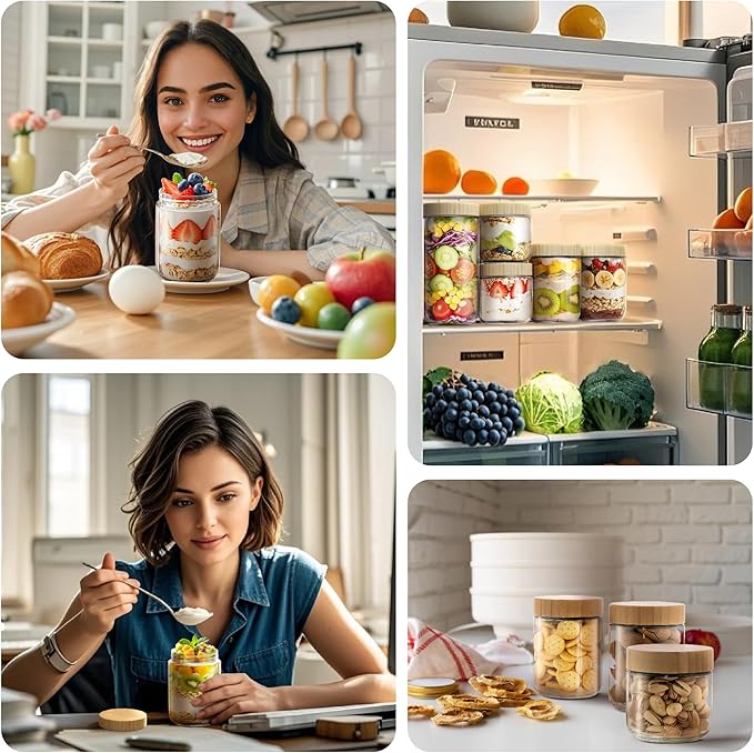 4 pack 16oz Overnight Oats Containers with Bamboo Lids, Glass Jars with Airtight Lids for Meal Prep, Wide Mouth Mason Salad Jars, Glass Food Storage Container for Yogurt Chia Snacks Spice Sugar