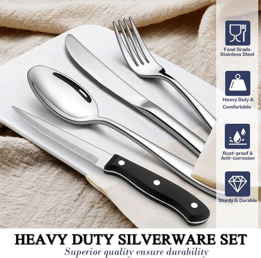 24-Piece Heavy Duty Silverware Set for 4, LIANYU Fancy Stainless Steel Flatware Set with Steak Knives, Thick Cutlery Eating Utensils Include Forks Knives Spoons, Mirror Finished, Dishwasher Safe