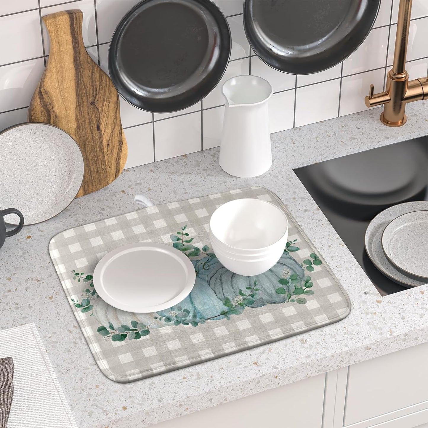 Fall Dish Drying Mats for Kitchen Counter 16×18 Inch Blue White Pumpkin Thanksgiving Harvest Festival Small Microfiber Drying Mat Kitchen Accessories Dish Rack Mat Drainer Pad Washable Absorbent