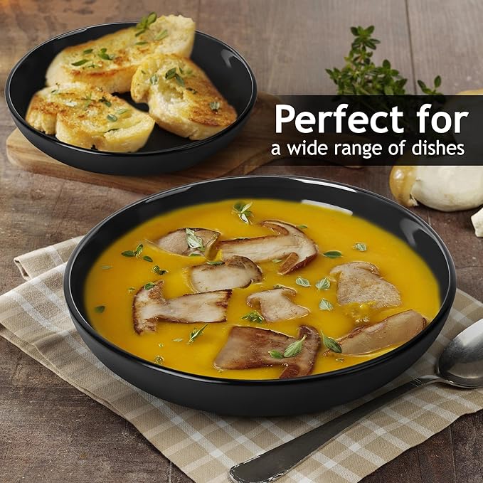 MIAMIO β 30 Oz Set of 6 Pasta Bowls/Salad Bowls, Pasta Plates Wide and Shallow Bowl, Large Ceramic Stoneware Deep Plate Serving Soup, Microwave and Dishwasher Safe - Le Papillon Collection (Black)