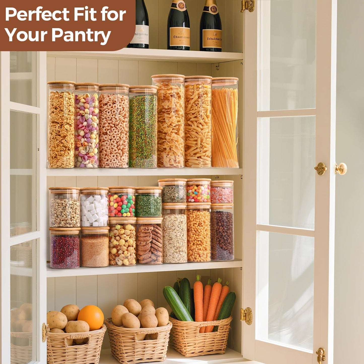 ComSaf Glass Food Storage Jars Set of 6, Tall Glass Storage Containers with Lids, Spaghetti Jar, Canisters Set for the kitchen, Pasta, Flour, Nuts, Oat, Coffee and Sugar Container, Pantry Organization