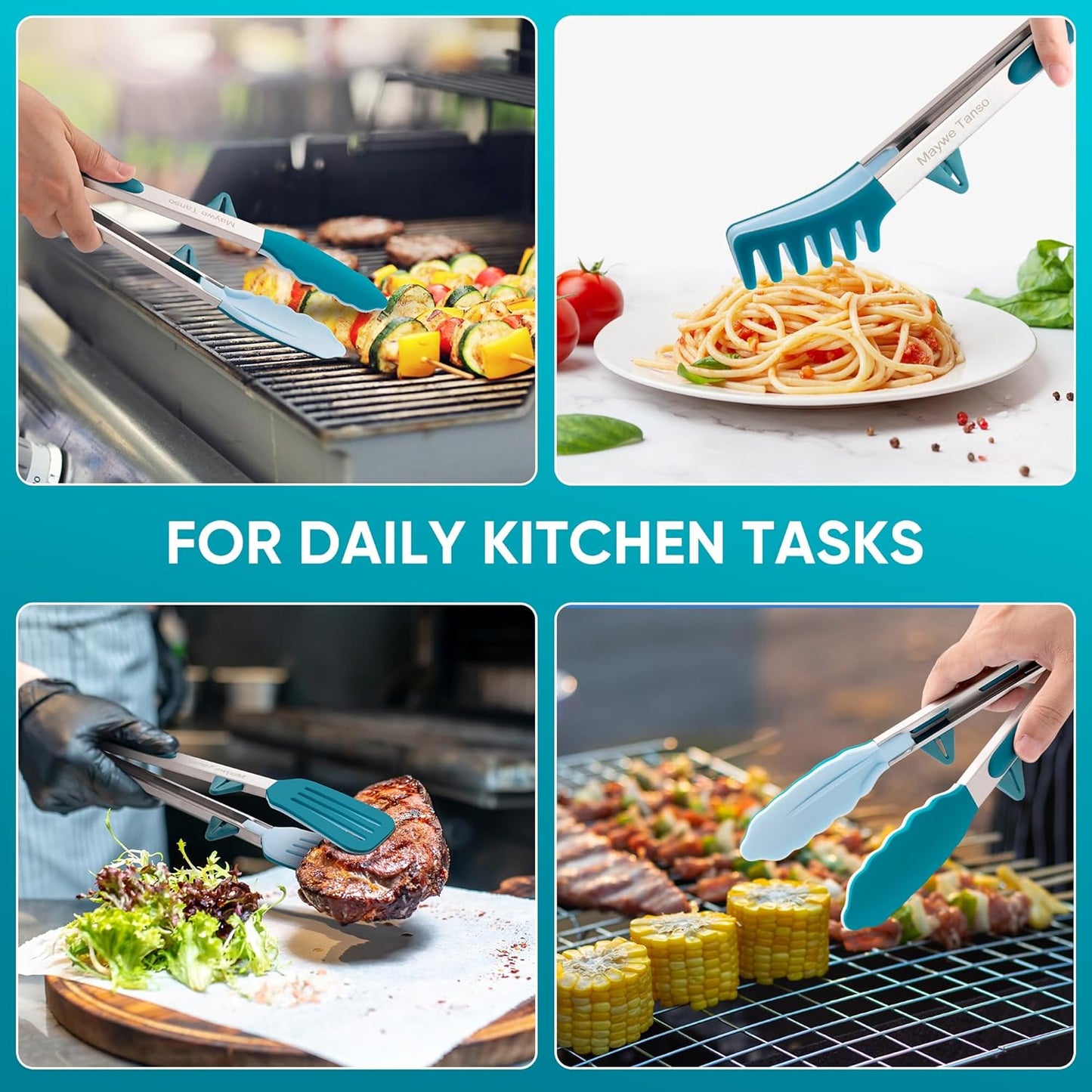 5-Pack Silicone Tongs for Cooking,Maywe Tanso 4PCS 13-Inch Kitchen Tongs with Silicone Tips,Nonstick Stainless Steel Tong for Steak Pie Pizza Pasta Spaghetti Salad BBQ Buffet,Plus Brush