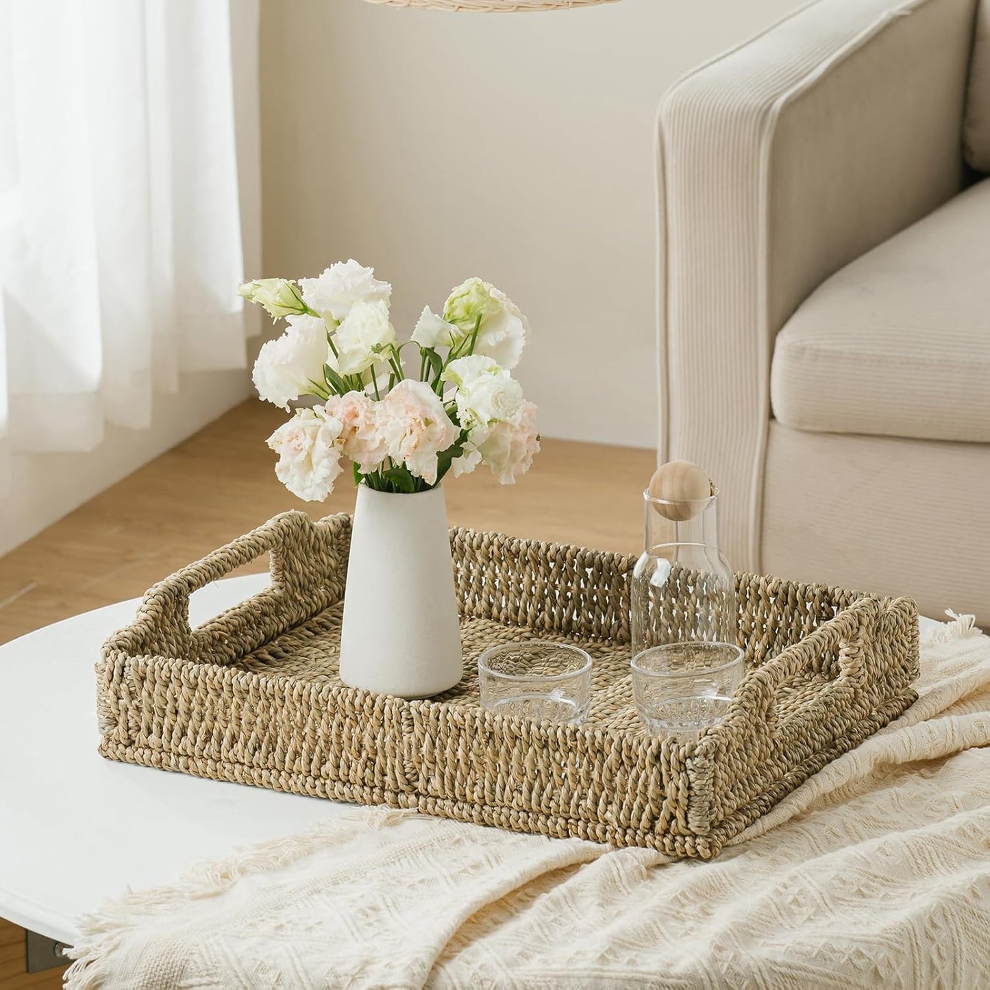 Wicker Scalloped Serving Tray with Handles - Seagrass Handwoven Trays,Water Hyacinth Tray for Home Decor and Living Room, Dining Table, Bathroom Organizing, 16.9" L x 12.9" W x 1.96" H