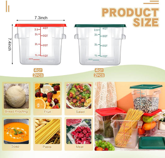Maxcheck 4 Pcs 4Qt Food Storage Container with Lids Set Square Clear Commercial Containers with Scale and Handle Space Saving for Home Kitchen Restaurant Proof Dough Marinating Meat (Red, Green)