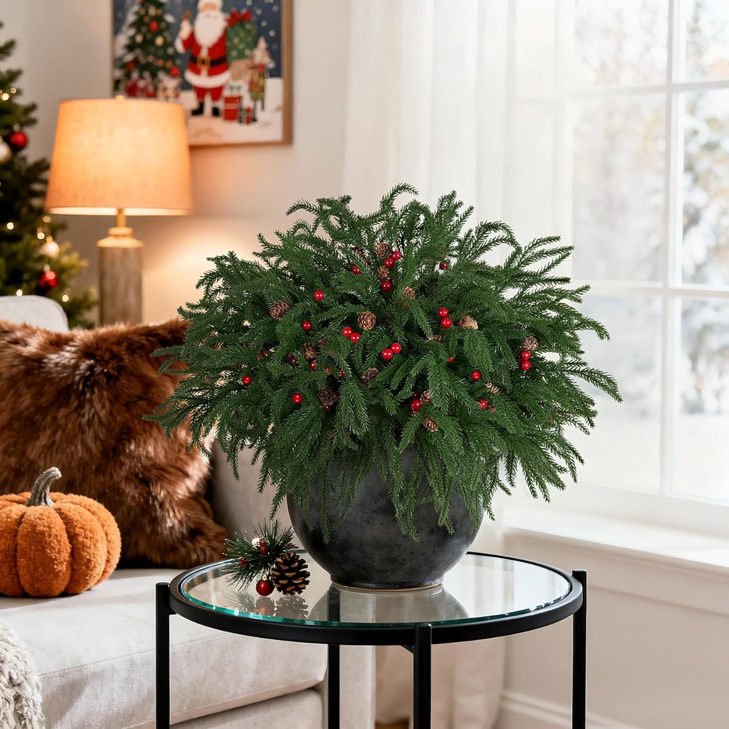 Artificial Norfolk Pine Stems for Christmas Decorations, 10 Pcs 18 inch Fake Pine Cone Branches Red Berry for Vases Garland Real Touch Faux Greenery Evergreen Plants for Xmas Home Decor Indoor