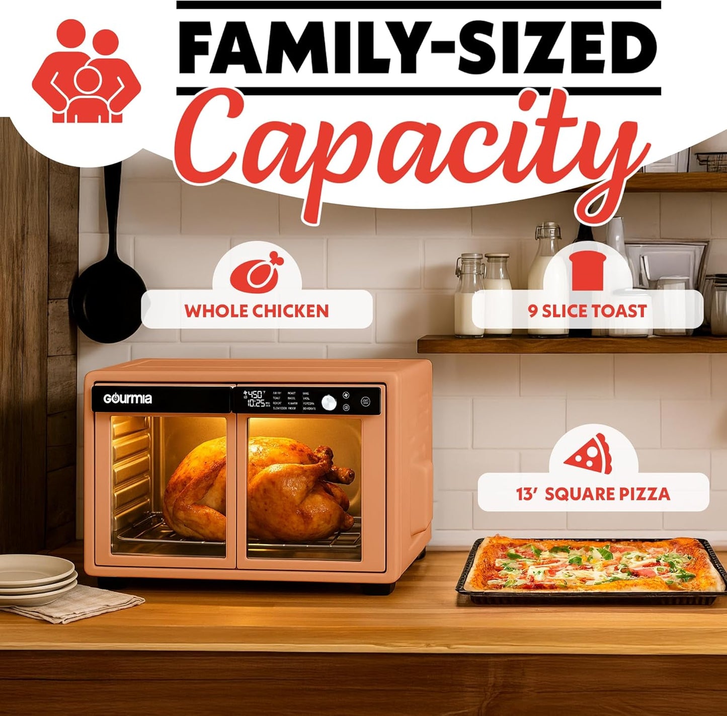 Gourmia French Door Digital Air Fryer Oven - XL 37QT Capacity, 12 Presets, FryForce 360° Tech, Dehydrate, Proof, Slow Cook, Fits 13” Pizza, 1700W, Peach