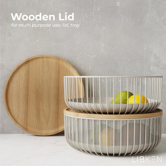 Metal Wire Mesh Fruit Baskets with Wooden Lid - Fly-Proof Indoor Solution for Fresh Fruits - Covered Fruit Bowl - Produce Cover Against Flies for Vegetables - Warm Gray