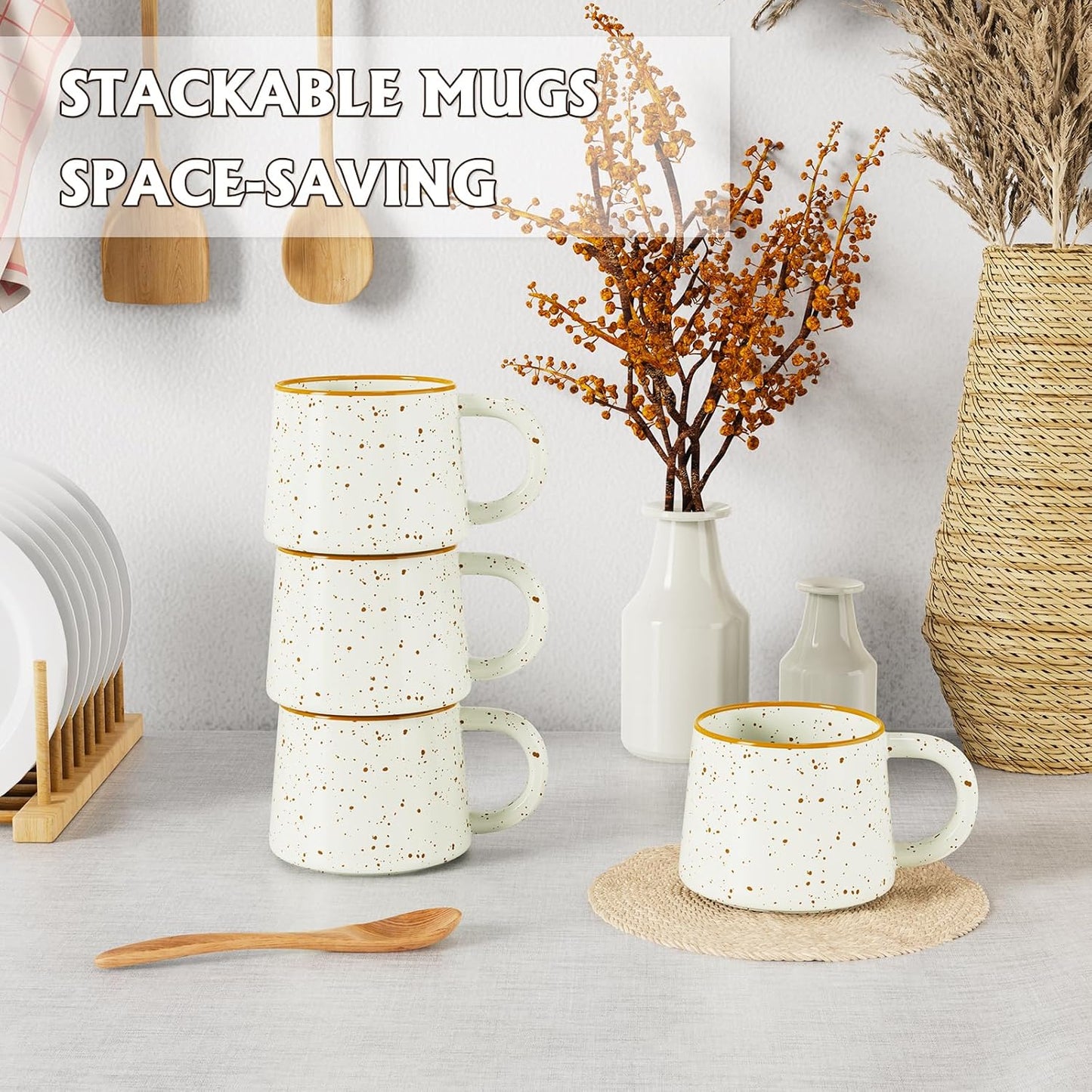 12 oz Coffee Mugs Set of 4, Modern Stackable Coffee Cups Set for Latte, Hot Tea, Cappuccino, Ceramic Coffee Mug Tea Cup, Dishwasher & Microwave Safe, Housewarming Wedding Present (Beige)