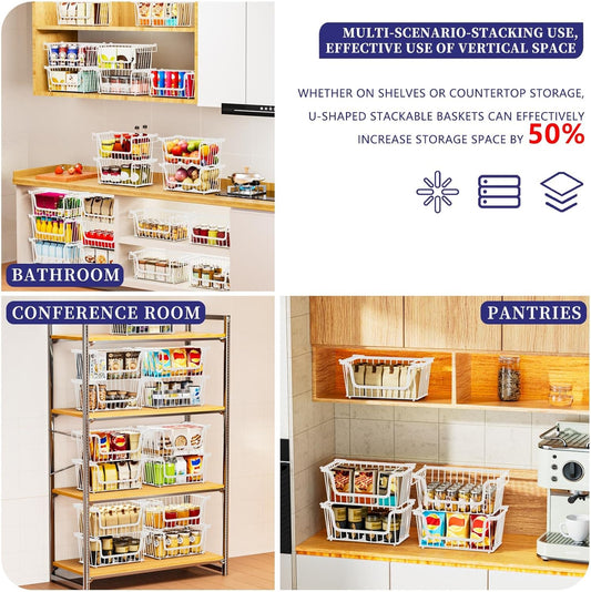 Enhanced Leak-Proof Bottom Stackable Wire Baskets, 4 Pack Pantry Organizers and Storage, Pantry Storage,Shelf Baskets, Fruit Basket, Potato and Onion Storage Bins,(White)