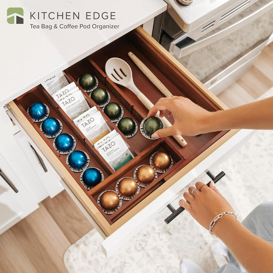 KitchenEdge Acacia Tea Bag and Coffee Pod Kitchen Drawer Organizer, Expandable 9.7 to 17 Inches, 10 Storage Compartments, Adjustable Wall Inserts, Non-Slip Feet, Food-Safe
