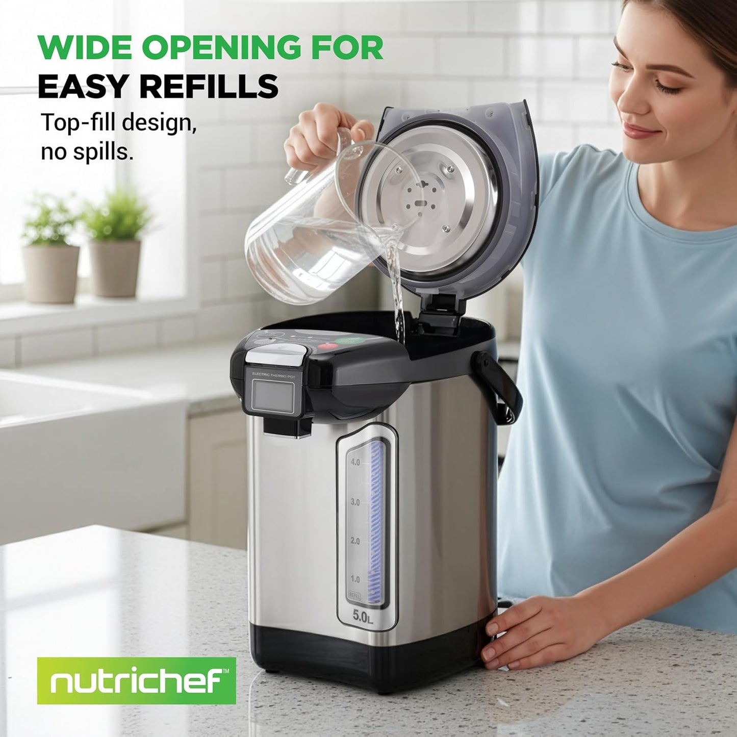 NutriChef Digital Water Boiler and Warmer - 5L/5.28 Qt Stainless Electric Hot Water Dispenser w/LCD Display, Rotating Base, Keep Warm, Auto Shut Off, Safety Lock, Instant Heating for Coffee & Tea