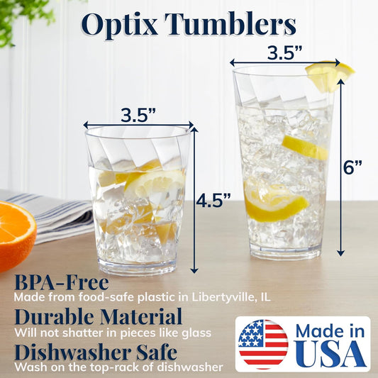US Acrylic Optix Plastic Reusable Drinking Glasses (Set of 16) 14oz Rocks & 20oz Water Cups in Clear | BPA-Free Tumblers, Made in USA | Top-Rack Dishwasher Safe