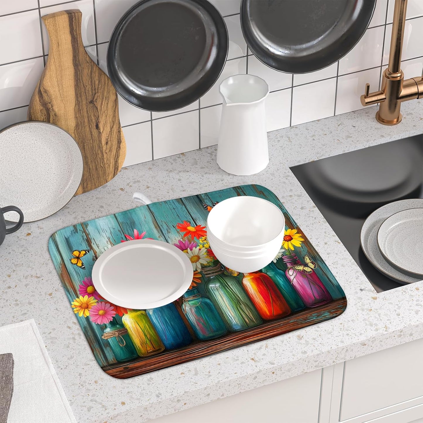 Botanical Flowers Dish Drying Mats 16x18 Inch,Colorful Daisy Mason Jar on Wood Plank Microfiber Quick-Dry Drainer Rack Absorbent Pad for Farmhouse Kitchen Countertop Sink Decor