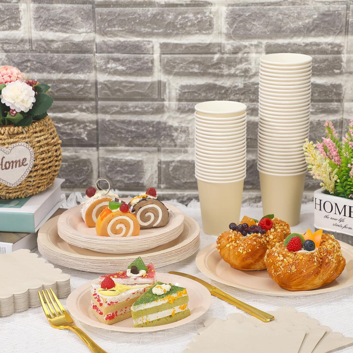 150 Pcs Disposable Party Dinnerware Supplies Set Includes 7'' 9'' Disposable Paper Plates 9oz Paper Cups Scalloped Cocktail Napkins for Baby Shower Birthday Wedding(Milky White)